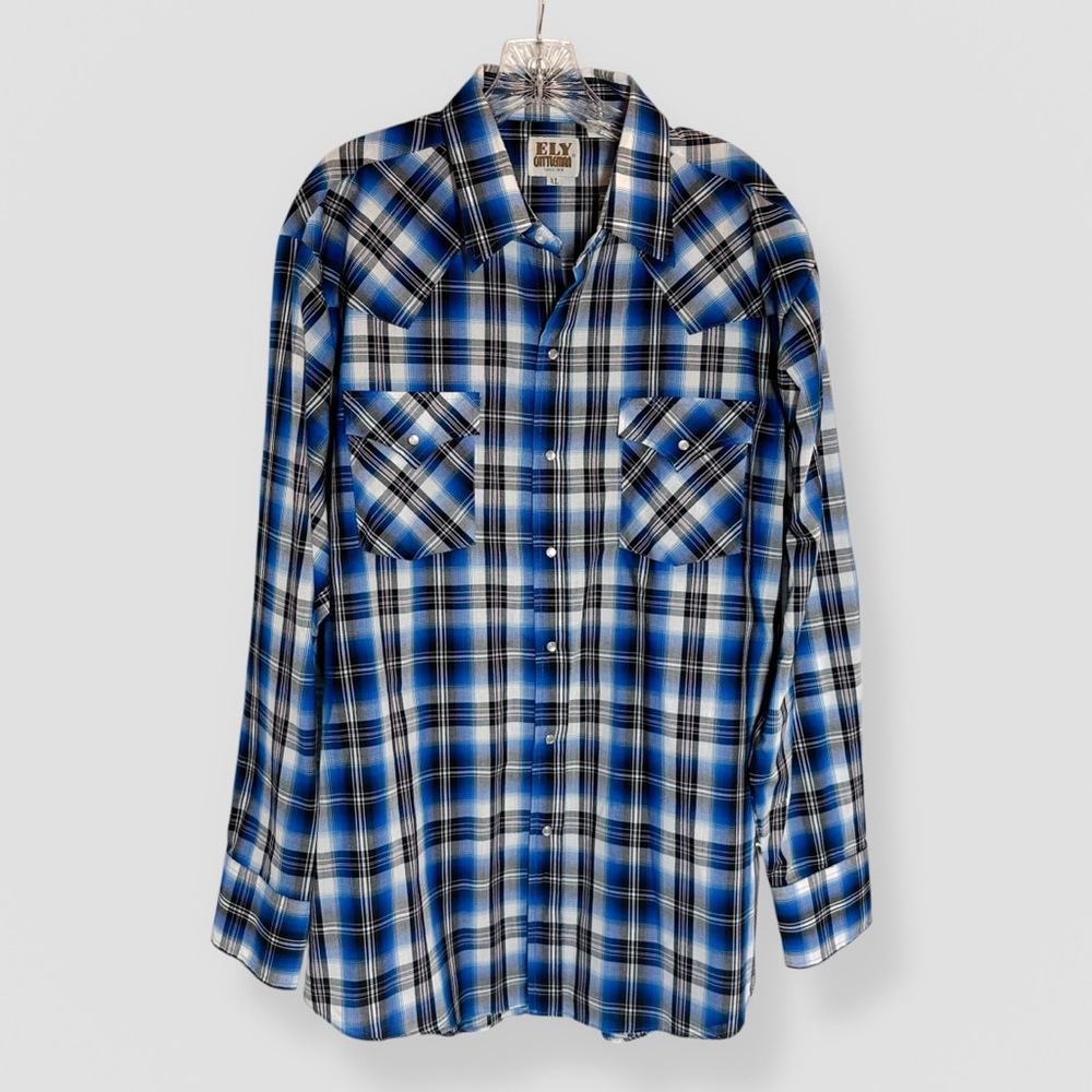 Ely Cattleman Size XL Blue Plaid Pearl Snap Shirt Long Sleeve Western Rodeo